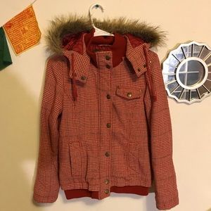 Red winter coat with hood